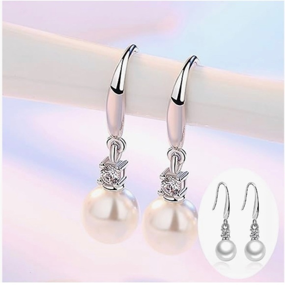 Earrings Pearl Dangle Silver Tone With Crystal Accent - Picture 6 of 8